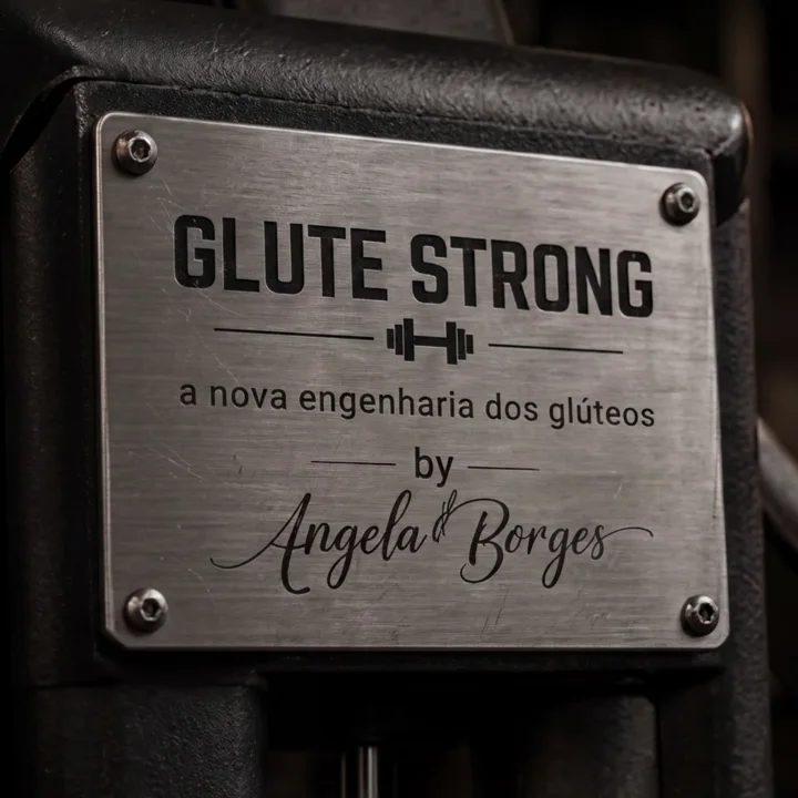 Placa gravada GLUTE STRONG, a nova engenharia dos glúteos, by Angela Borges, em um equipamento
